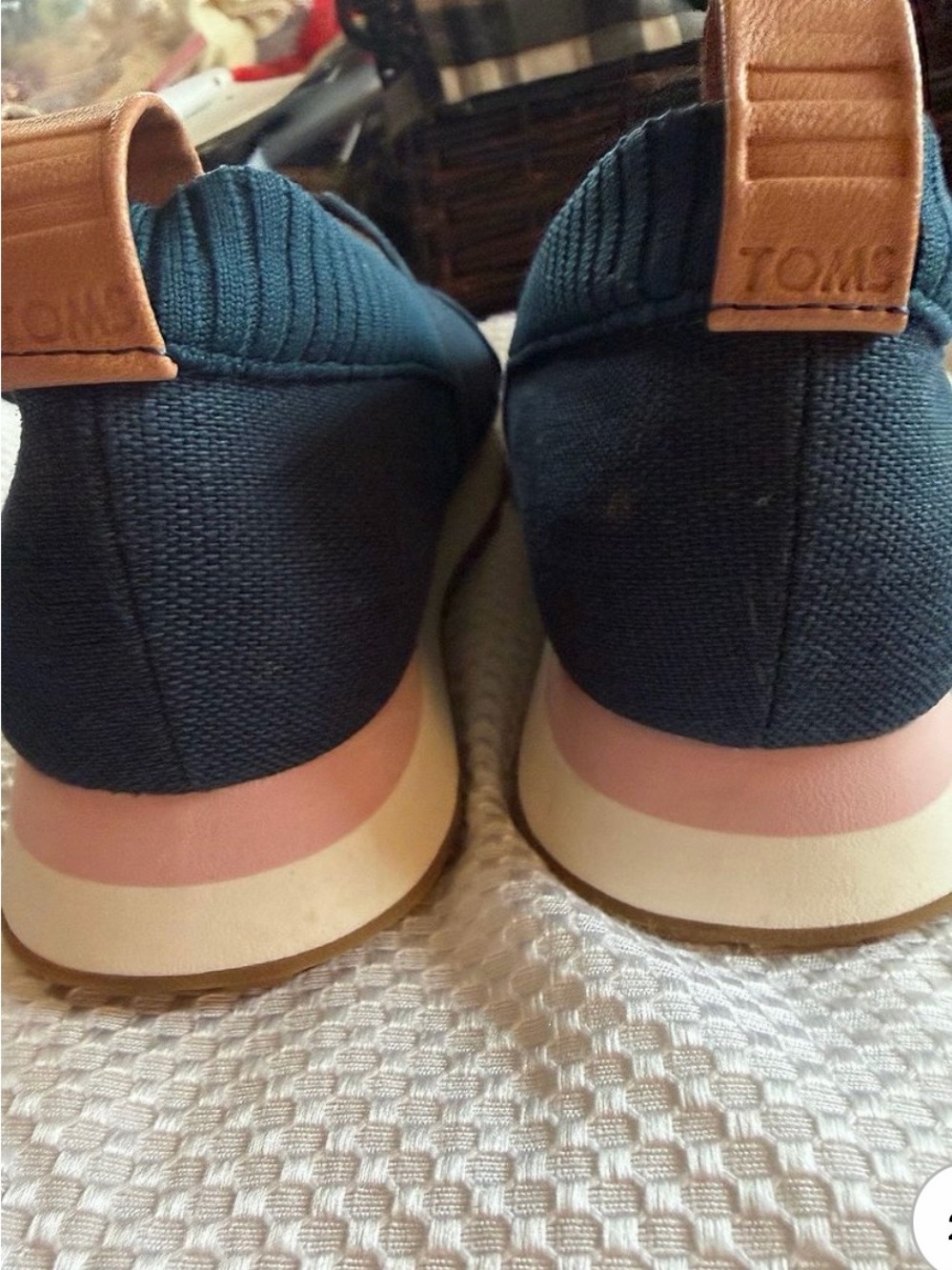 Toms Navy Blue Canvas Slip-On Flats with Tan Heel Tab - Picture 3 of 7